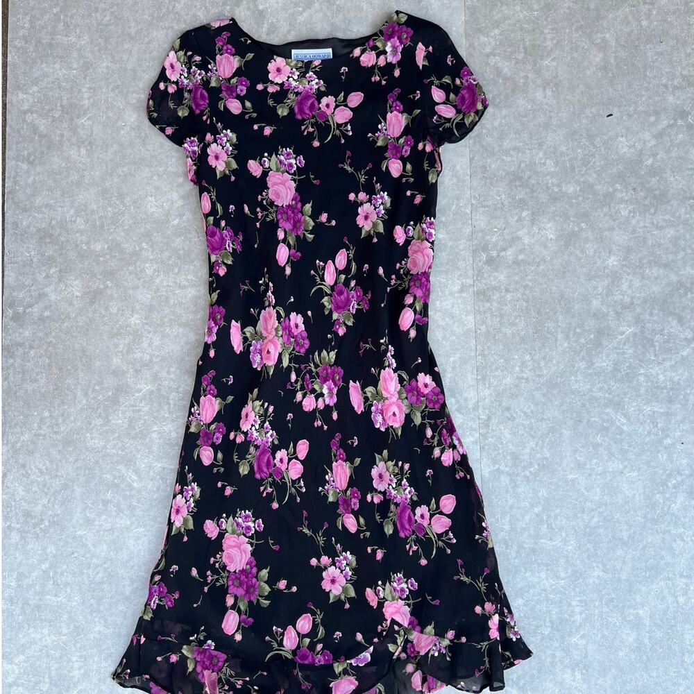 90s Vintage Jessica Howard Maxi Black Floral Dress -16